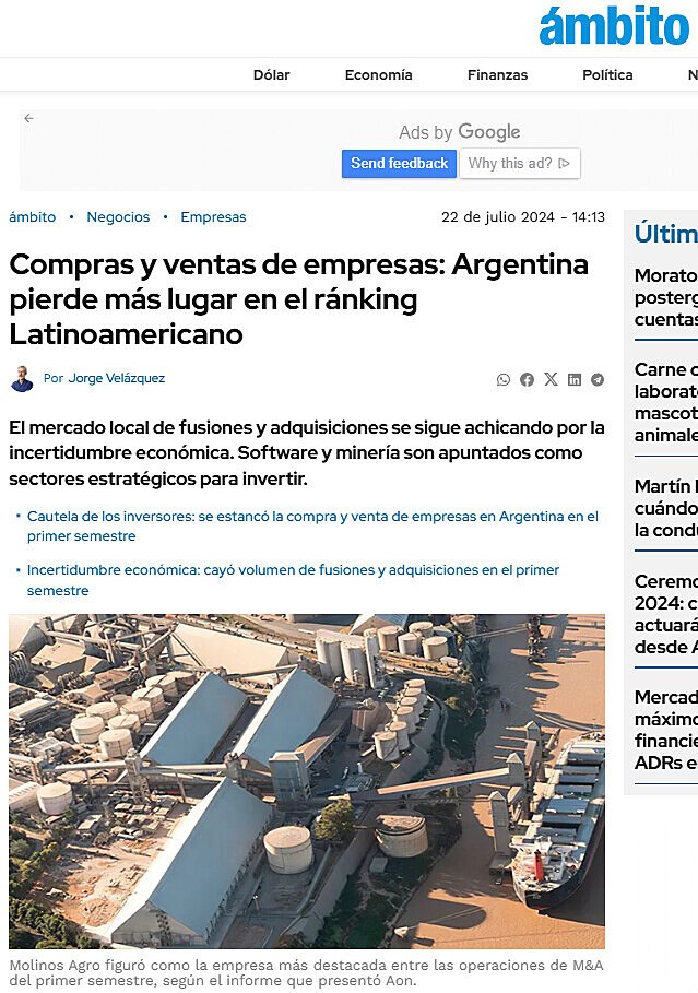 Compras y ventas de empresas: Argentina pierde ms lugar en el rnking Latinoamericano